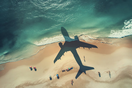 Travel concept with shadow of airplane on beachの素材