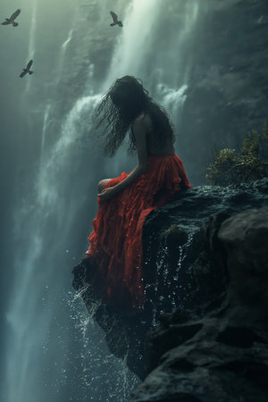 Young woman in red by misty waterfallの素材