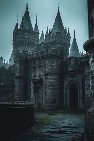Ancient Castle Ruins Shrouded in Forest Mistの素材