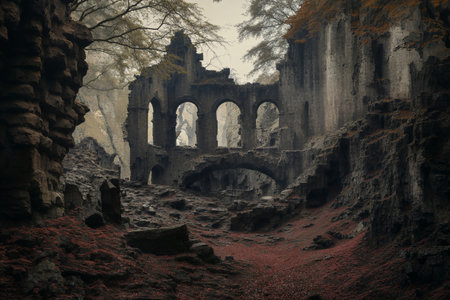 Ancient Castle Ruins Shrouded in Forest Mistの素材