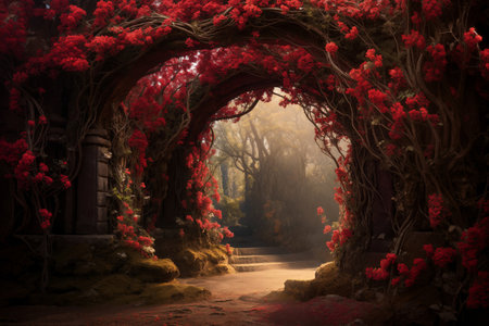 Enchanted Red Flower Arch in a Magical Forestの素材
