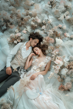 Victorian couple in vintage wedding attireの素材