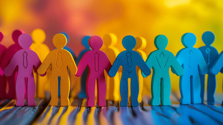 Colorful paper people chain on blurred backgroundの素材