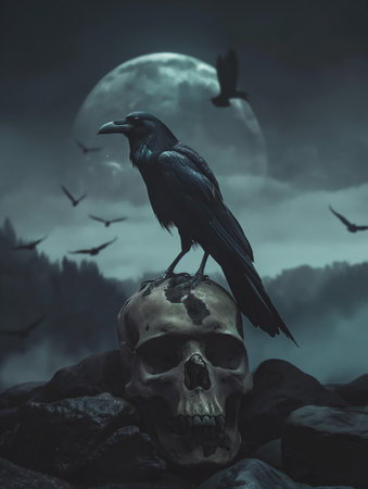 Raven perched on a skull at nightの素材