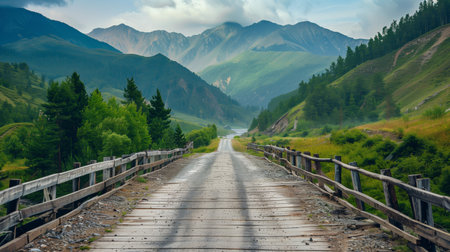 Wooden bridge leading towards a mountainous expanseの素材