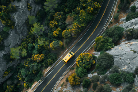 Yellow car on winding road through rocky terrainの素材
