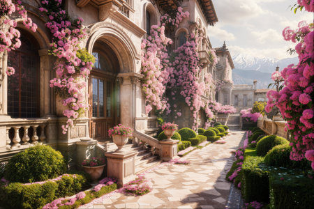 Luxurious estate with lush pink flowers and mountainsの素材