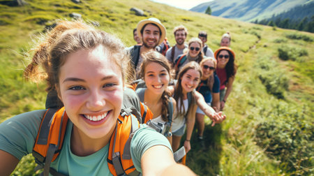Hikers taking a group selfie with mountainsの素材