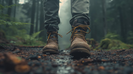Person walking in brown hiking bootsの素材