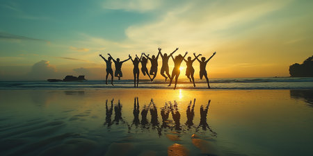 Silhouettes jumping on beach at sunsetの素材