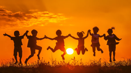 Sunset backdrop with children playing happilyの素材
