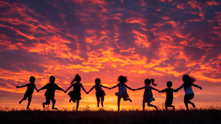 Kids holding hands silhouette during sunsetの素材