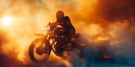 Vintage motorcycle and rider among cloudsの素材