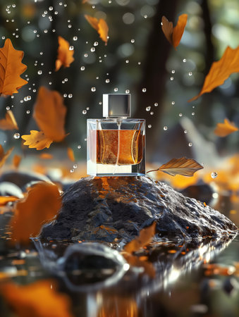Glistening water drops around perfume bottleの素材