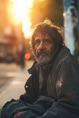 Homeless man sitting on sidewalkの素材