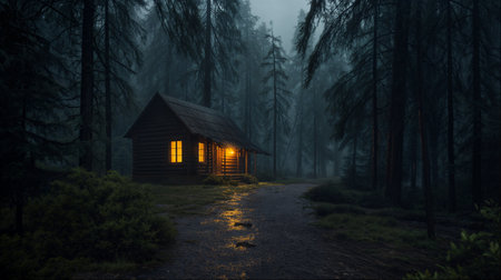 Cozy cabin lit up in foggy forest at nightの写真素材