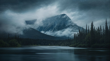 Cloudy Peak Overlooking Pine Treesの写真素材