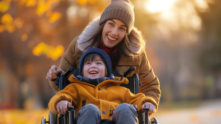 Young boy in a wheelchair laughing with momの素材