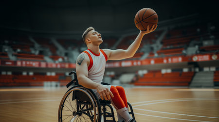Wheelchair basketball athlete preparing to shootの素材