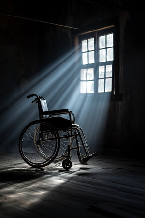 Wheelchair in a dimly lit room with sunlightの素材