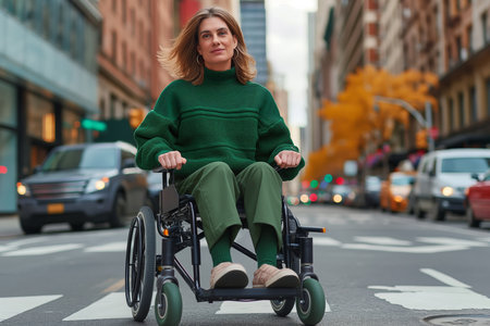 Woman navigating wheelchair in cityの素材