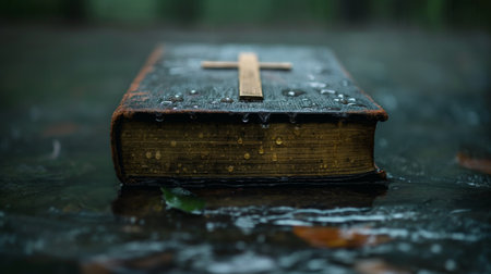 Antique bible with a wooden cross in the rainの素材