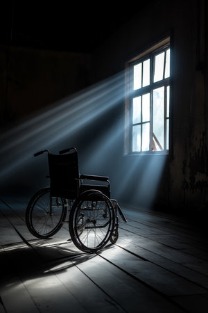 Empty wheelchair facing a bright windowの素材