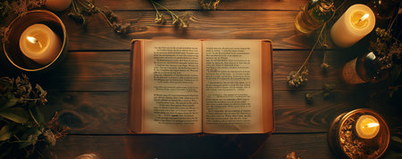 Open bible on a table surrounded by candlesの素材