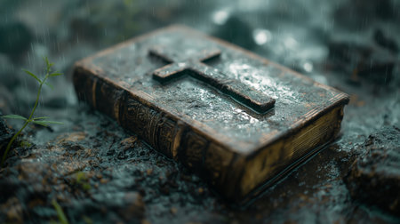Raindrops on an ancient scripture bookの素材