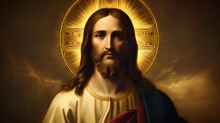 Iconic image of Jesus with golden haloの素材