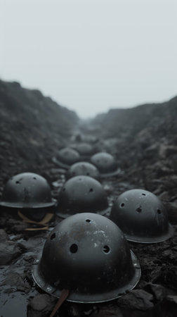 Row of old military helmets on muddy groundの素材