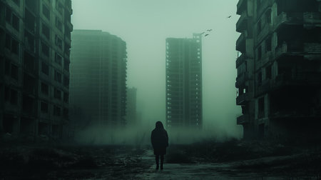 Lone figure before desolate buildings in fogの素材