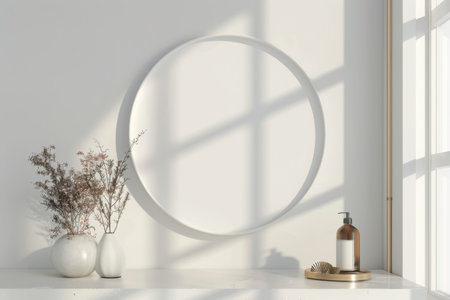 Modern circular frame with shadow on white wallの写真素材