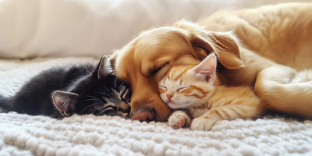 Golden dog with two kittens snuggled up together.の素材