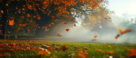 A serene autumn morning with falling leaves and mist near a tranquil park in Octoberの素材