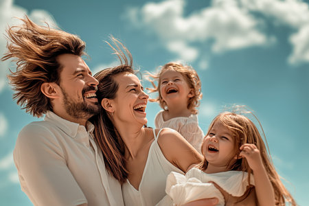 Laughter and joy shared among a family with children under a clear blue skyの素材