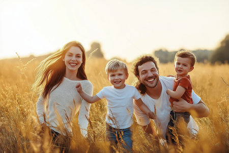 Happy family enjoying a sunny day while playing in a golden wheat field during sunsetの素材