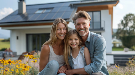 A happy family enjoys a sunny day in their garden near a modern house surrounded by flowersの素材
