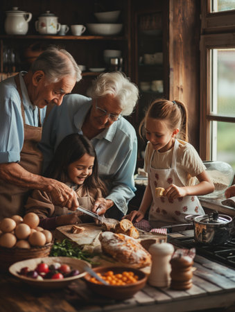 Family gathering in a cozy kitchen while preparing a meal together during the afternoonの素材