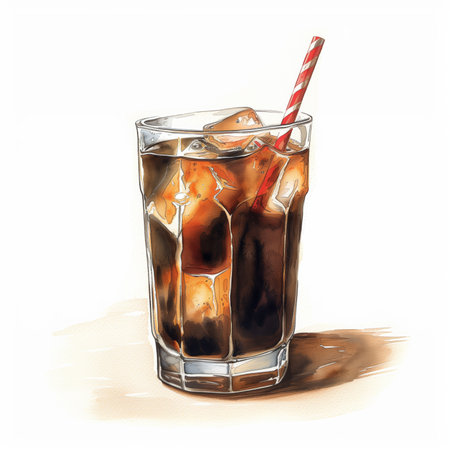 Refreshing glass of iced cola with ice cubes and a striped straw on a bright surfaceの素材
