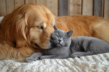 Golden retriever and gray kitten relaxing together resting.の素材