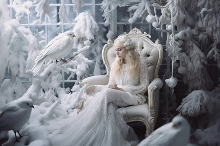 A serene woman in white gown sits on a chair surrounded by winter scenery and white birdsの写真素材