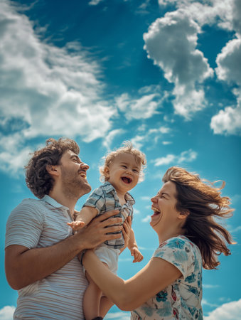 Joyful family enjoying a sunny day outdoors with their happy toddler under a blue skyの素材