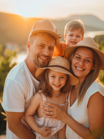Family enjoying a sunset together in a vineyard on a warm summer evening in natureの素材