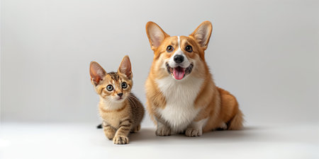 Cute kitten and Corgi dog sitting on white surfaceの素材