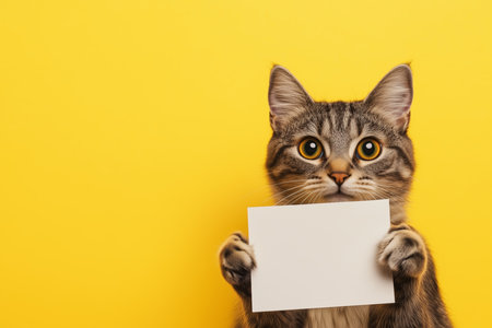 Cute cat holding blank card against yellow backgroundの素材