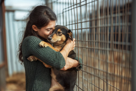 Woman hugging a small dog by metal fence outdoorsの素材