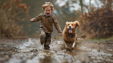 Child with a dog joyfully splashing through muddy waterの素材