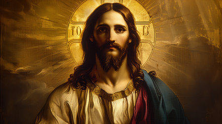 Portrait of a serene figure representing spiritual tranquility with a radiant backgroundの素材