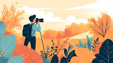 A photographer captures the beauty of nature during a serene sunset in a vibrant landscapeの素材